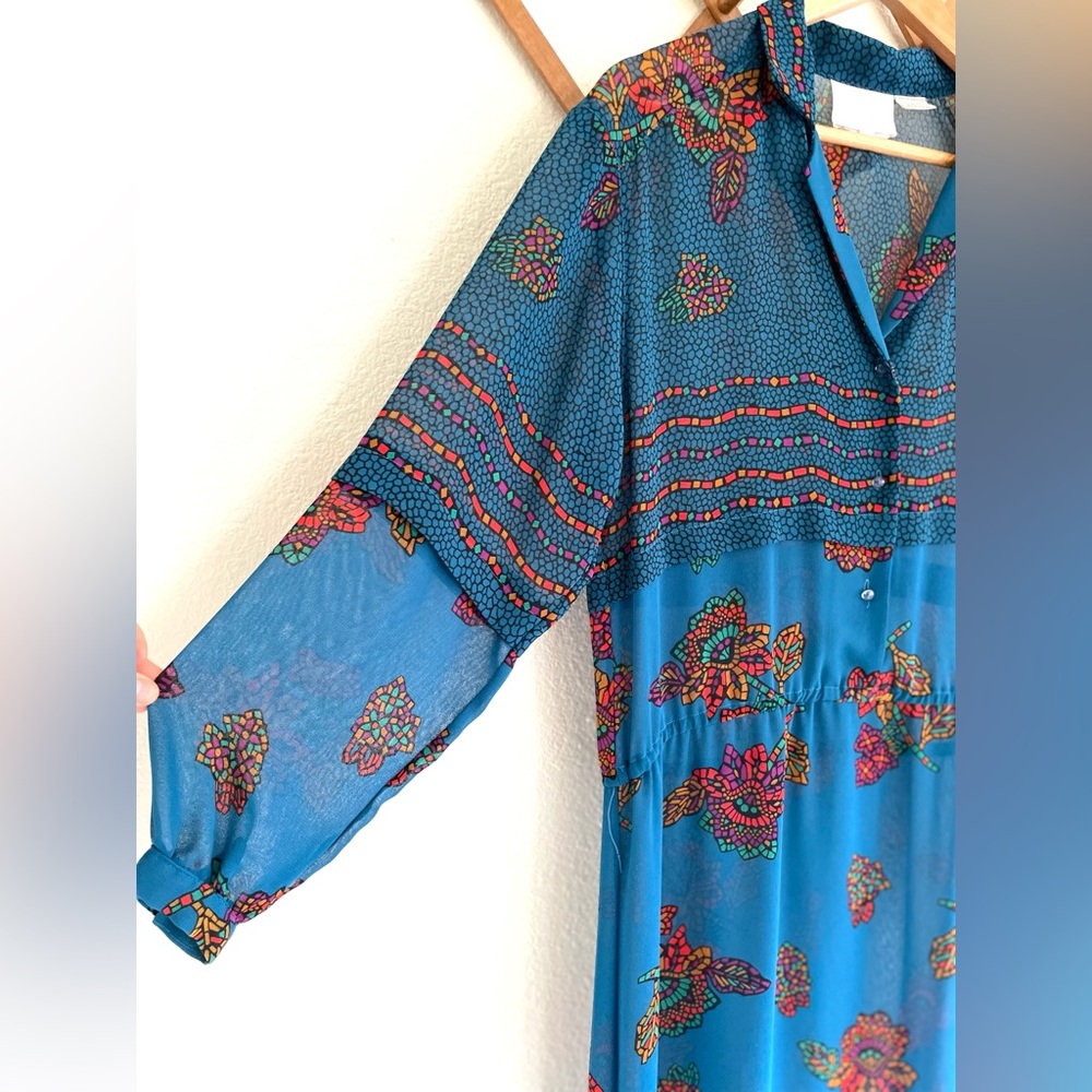 Vintage Teal Floral Mosaic Semi Sheer Shirtdress Long Sleeves Drop Waist 70s